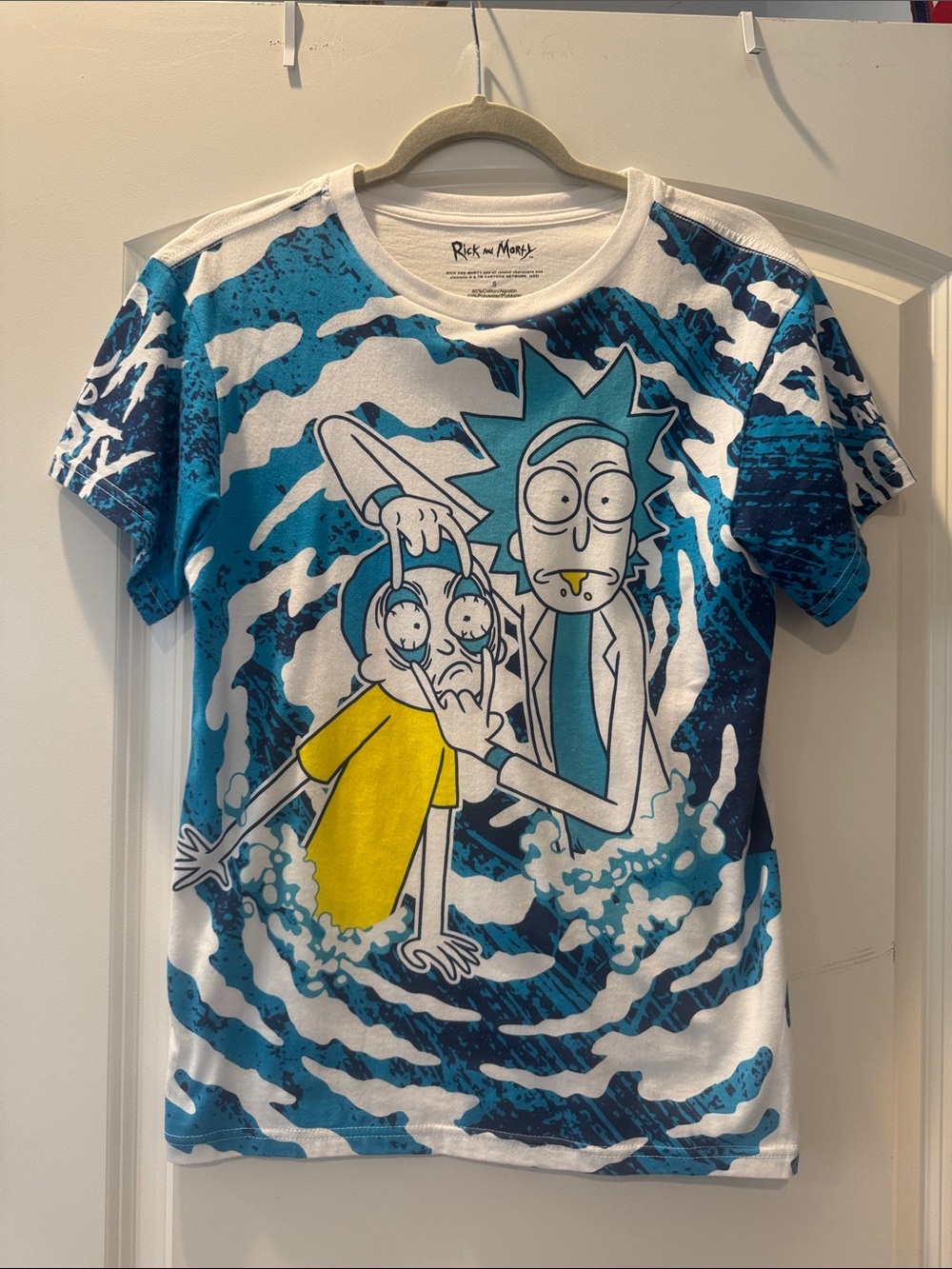 Rick and Morty Men's Short Sleeve Graphic Tee - Blue/White with Yellow Accent